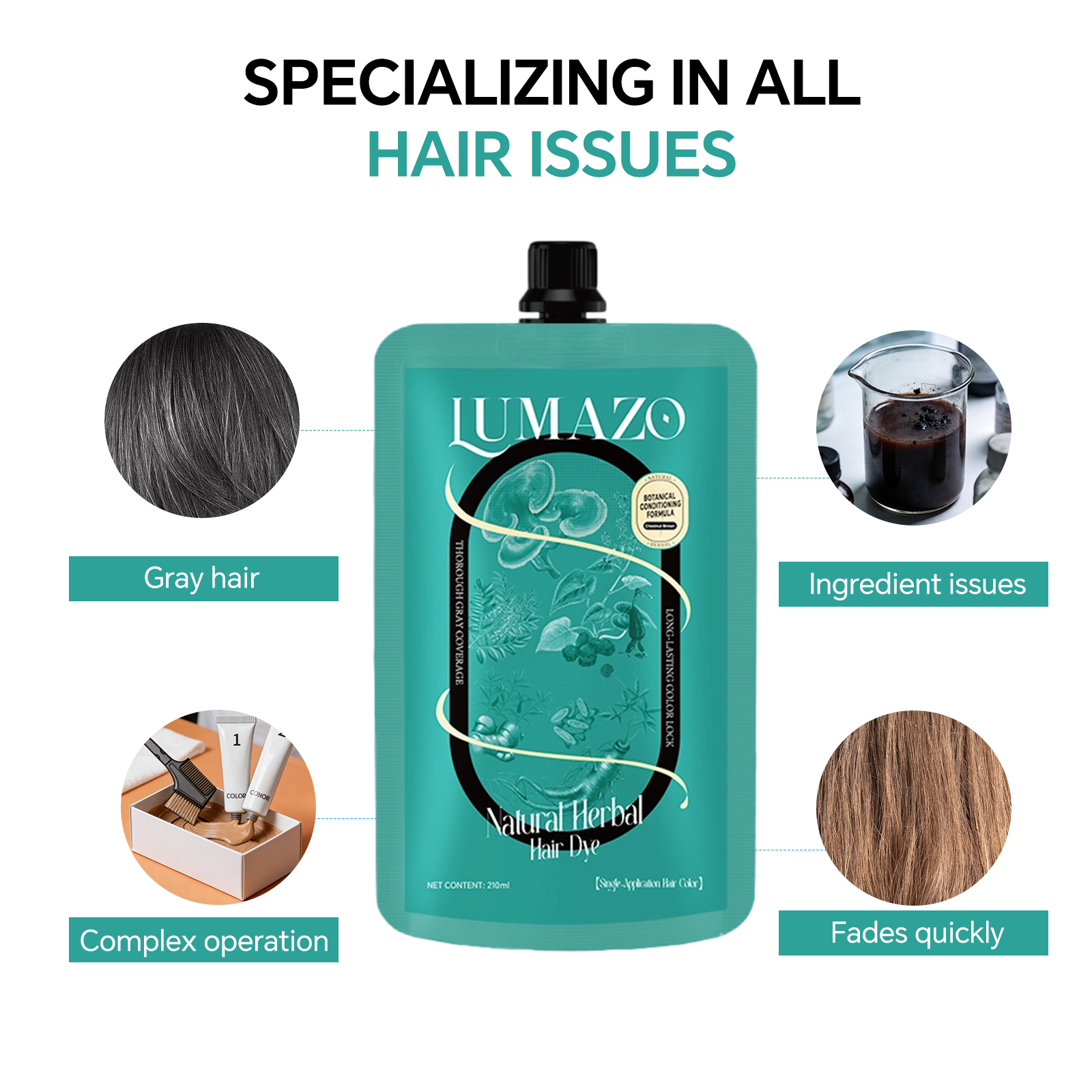 LUMAZO Natural Herbal Hair Dye, Ammonia-Free Botanical Hair Color for Gray Coverage, 210ml