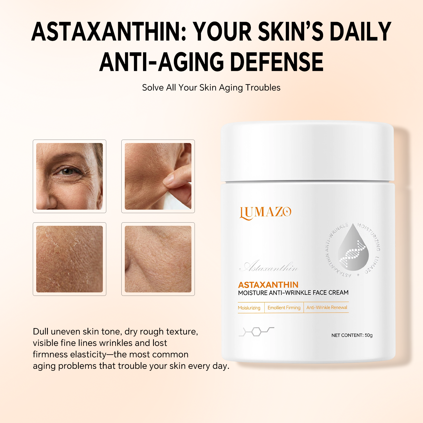 LUMAZO Astaxanthin Anti-Aging Cream, Vitamin C Antioxidant Face Moisturizer for Wrinkles & Dry Skin, 100g