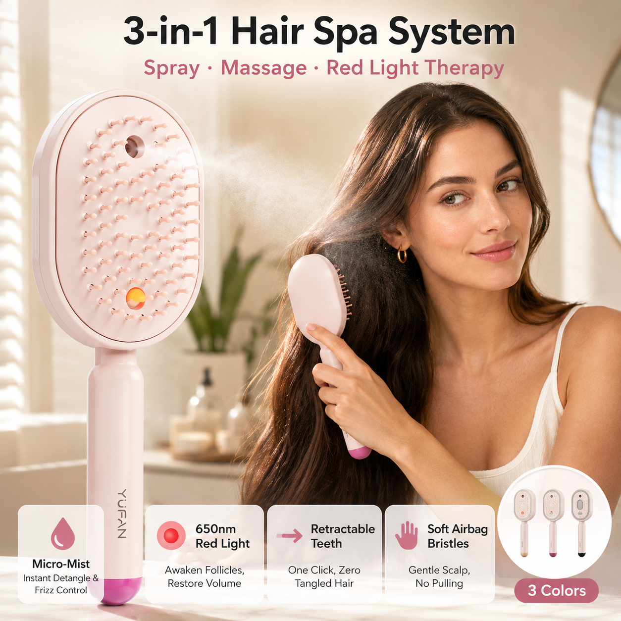 Anti-Tangle Spray Comb with Air Cushion & Aromatherapy Mist – Volumizing, Static-Free, Self-Cleaning Hair Care Tool