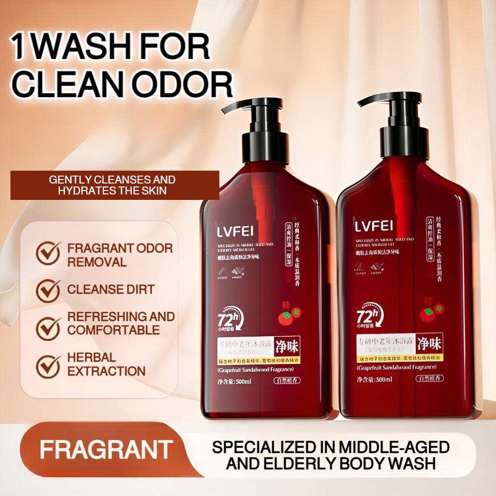 Odor Eliminating Shower Gel for Middle-Aged & Elderly, Persimmon Extract 72H Long-Lasting Fragrance Body Wash, Grapefruit Sandalwood Scent, Exfoliating & Moisturizing