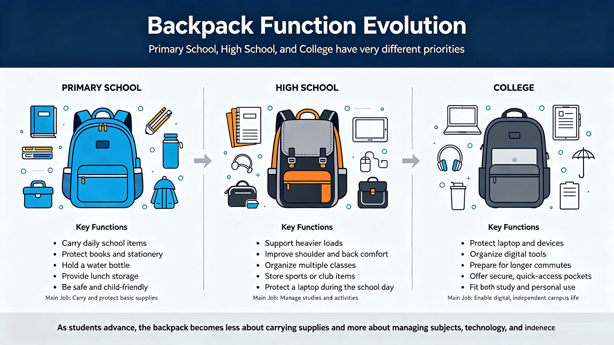 The needs of schoolbags vary among students in different periods