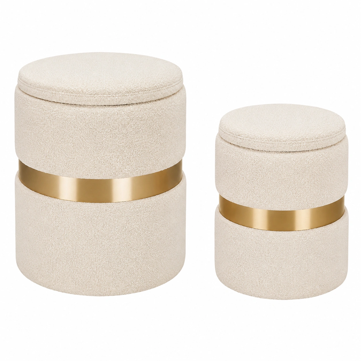 Juego de 2 Pufs Redondos con Almacenaje Beige y Dorado Estilo Moderno- meubelio