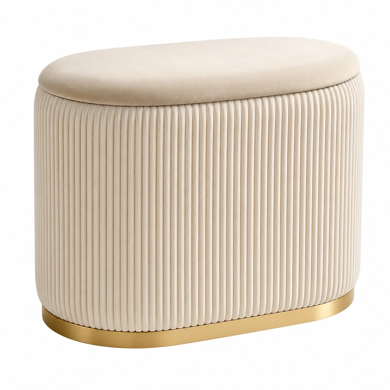 Puf ovalado con almacenaje tapizado moderno estilo nordico crema y dorado- meubelio