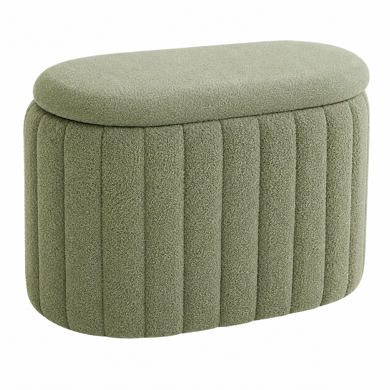 Puf ovalado con almacenaje tapizado estilo boucle verde salvia para dormitorio y salon- meubelio