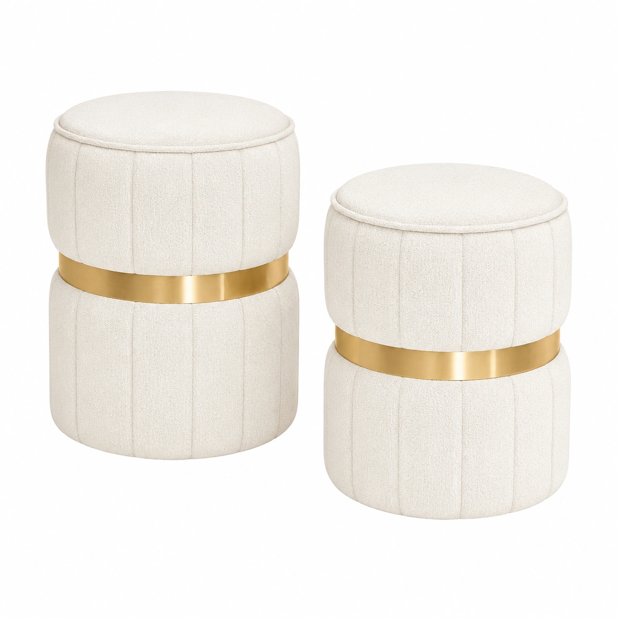 Juego de 2 pufs redondos con almacenaje tapizados estilo moderno Blanco crema/Oro- meubelio