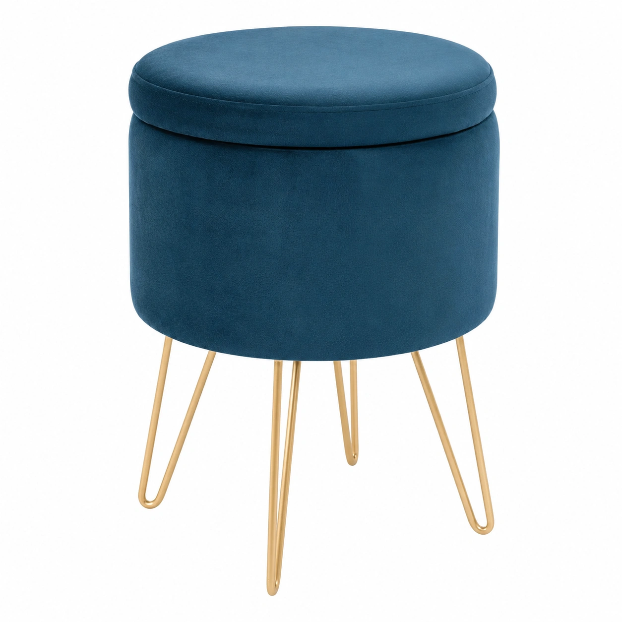 Puf redondo con almacenaje de terciopelo azul oscuro y patas metalicas doradas- meubelio