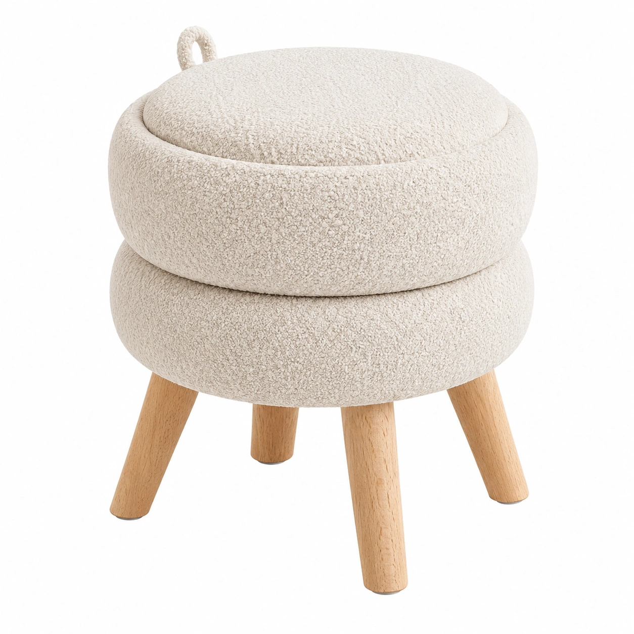 Puf redondo con almacenaje de chenilla beige y patas de madera- meubelio