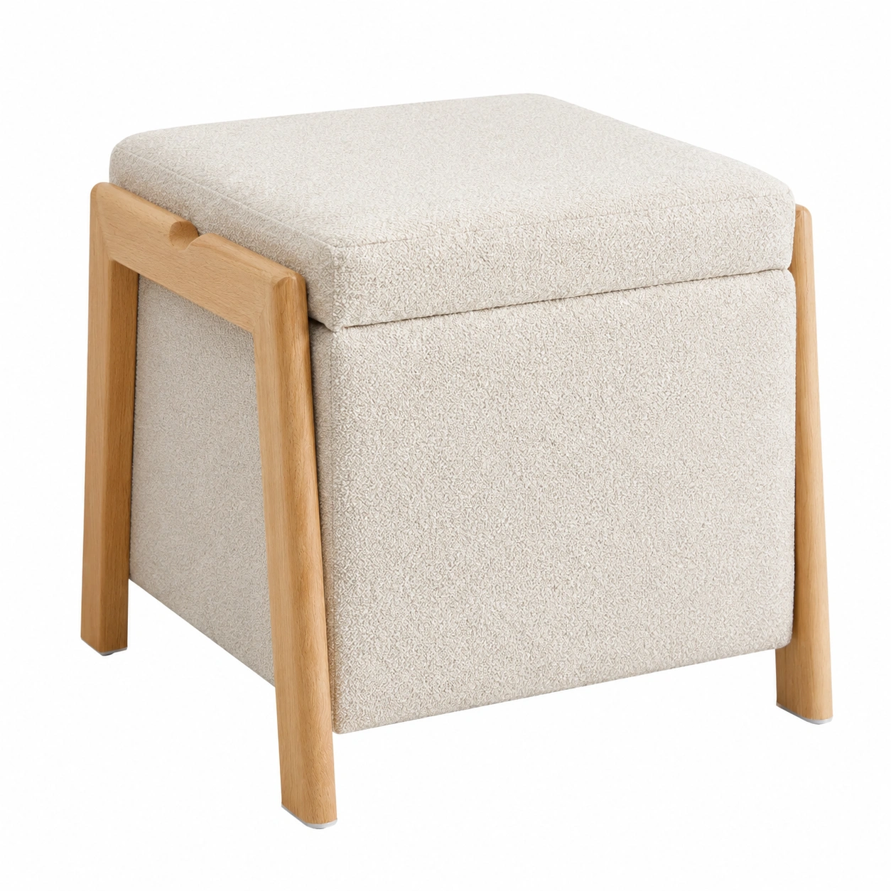 Puf moderno con almacenaje tapizado en tela boucle y patas de madera natural 45 x 43 cm Beige claro- meubelio