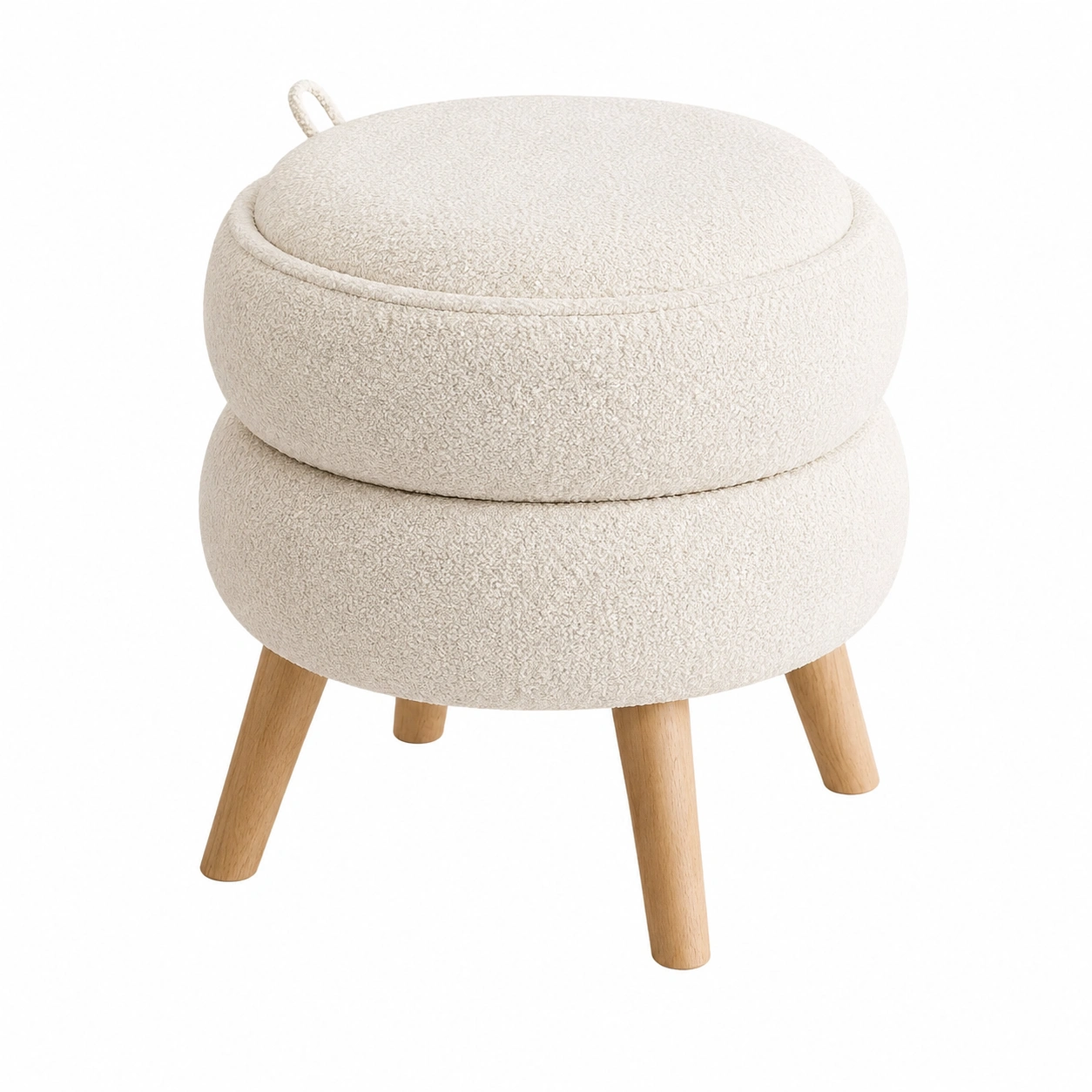 Puf redondo con almacenaje tapizado boucle crema patas de madera estilo nordico- meubelio