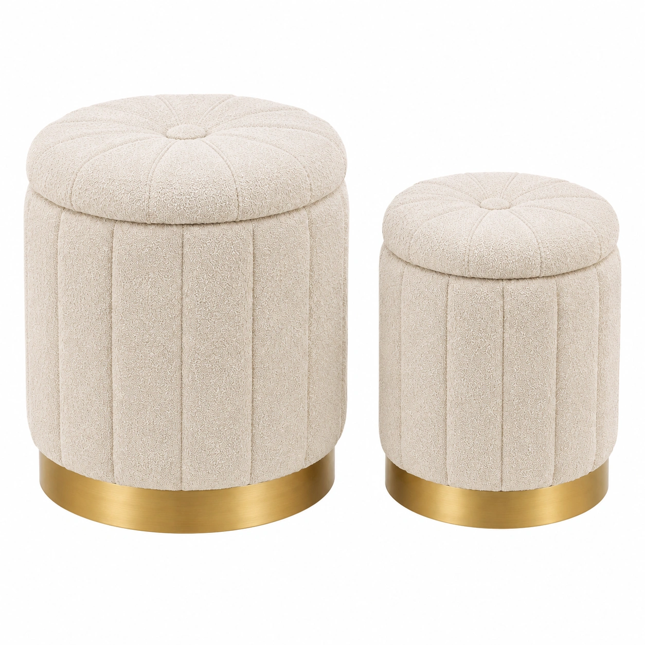 Juego de 2 Pufs Redondos con Almacenaje Tapizados Boucle Beige y Base Metalica Dorada- meubelio