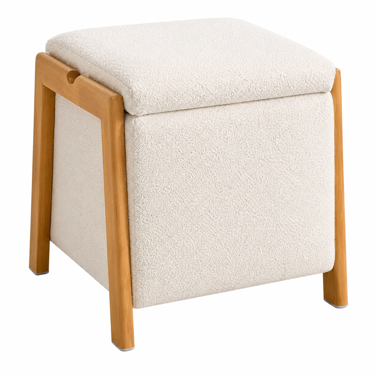 Puf con almacenaje moderno de tela boucle y madera natural 45 x 43 cm- meubelio