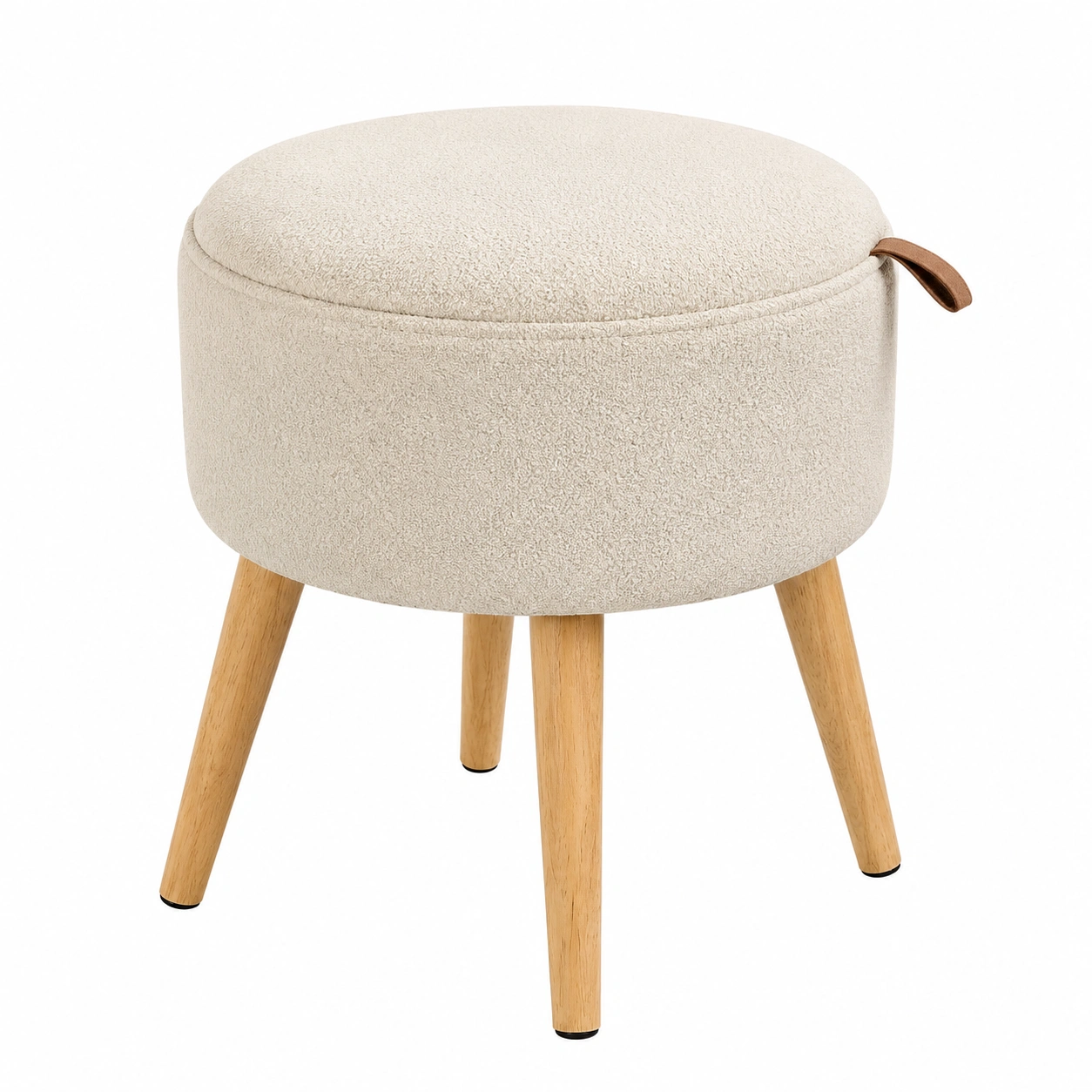 Taburete redondo con almacenaje tapizado estilo nordico patas de madera bouclé crema- meubelio