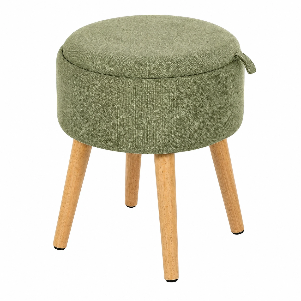Taburete Redondo con Almacenaje Tapizado y Patas de Madera Estilo Nordico Verde Salvia- meubelio