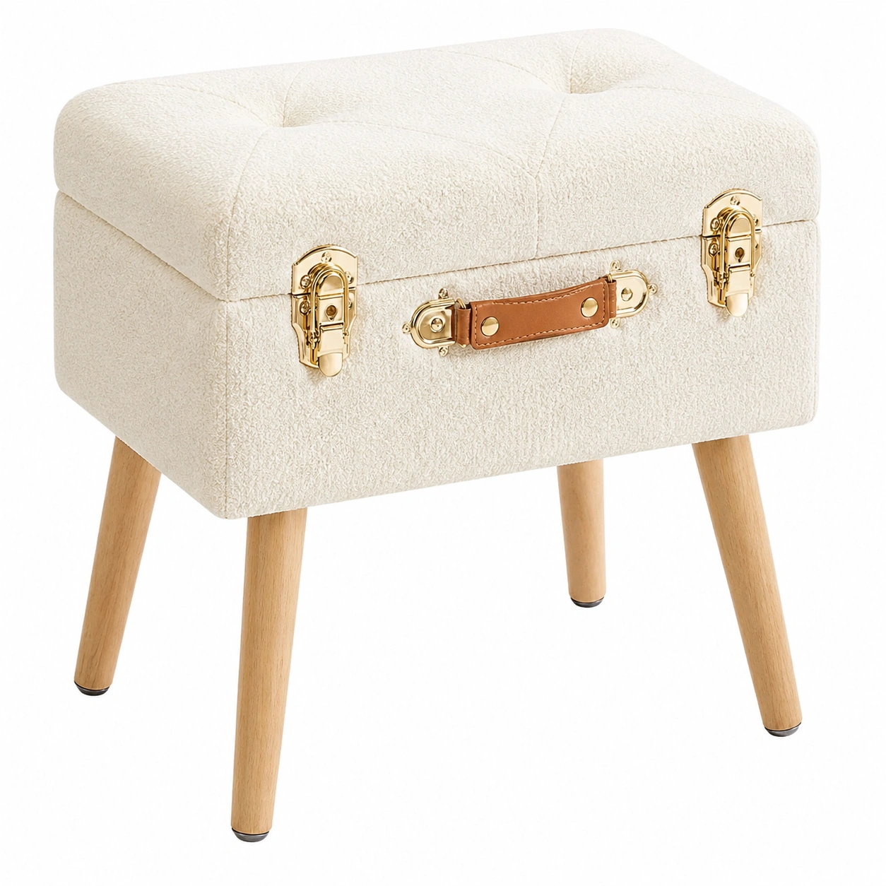 Taburete Baul Tapizado Boucle Crema con Almacenaje y Patas de Madera- meubelio