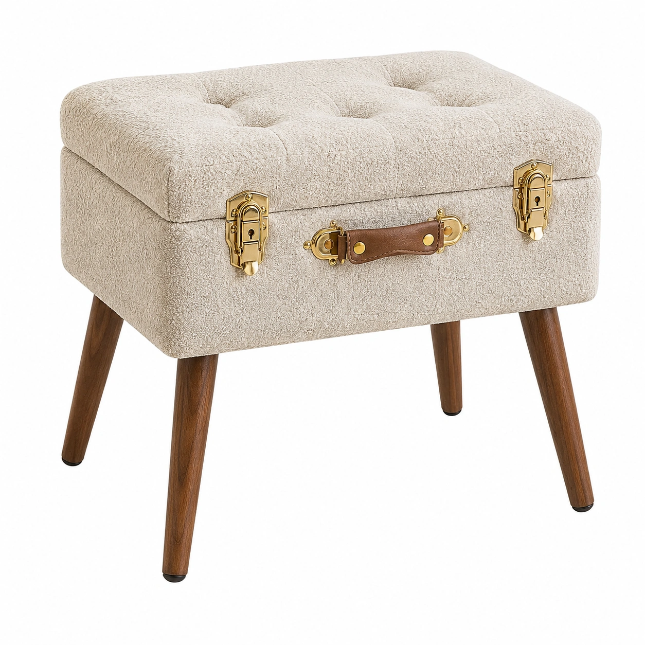 Taburete baul tapizado con almacenaje y patas de madera estilo vintage crema- meubelio