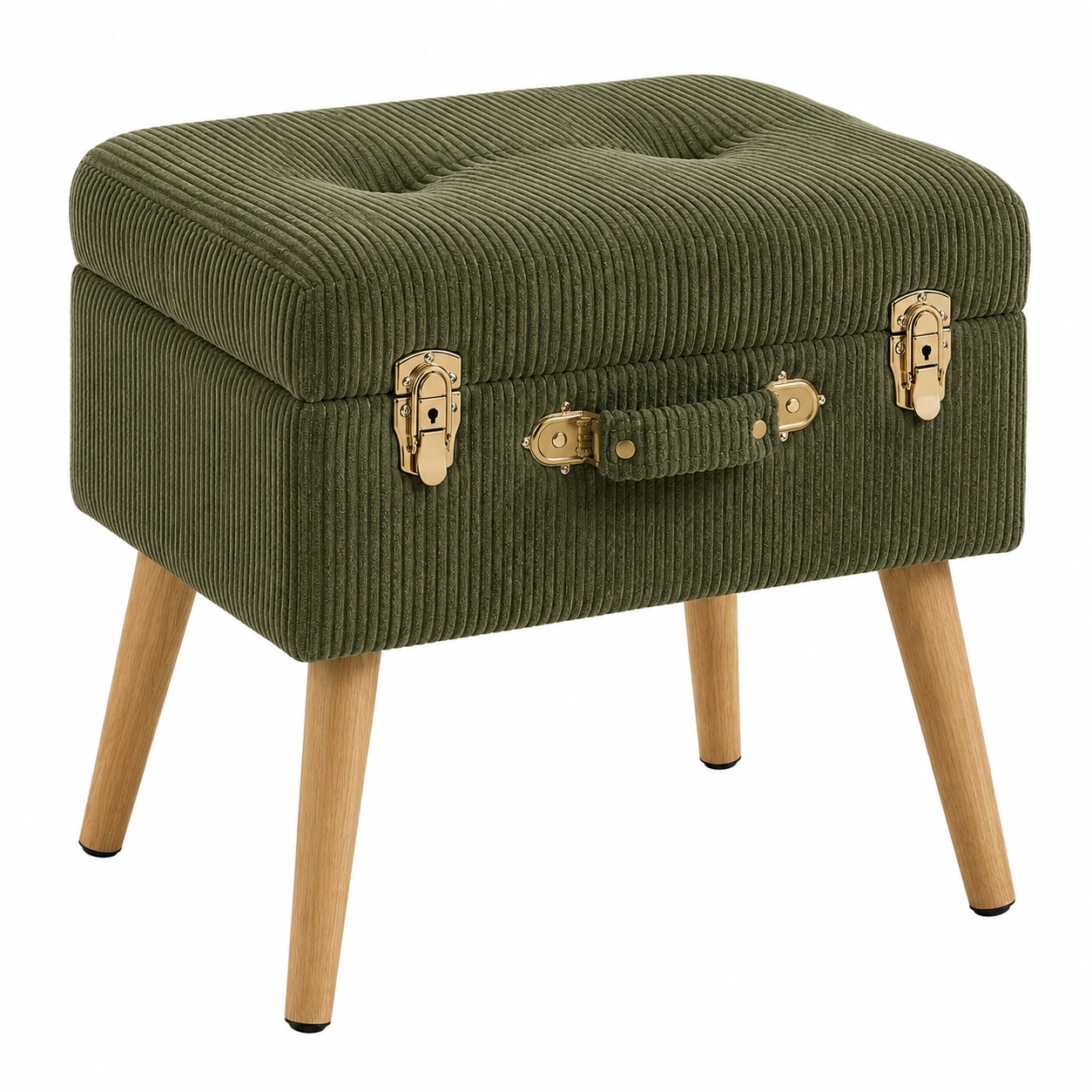 Taburete con almacenaje tapizado en pana verde oliva con patas de madera estilo moderno- meubelio