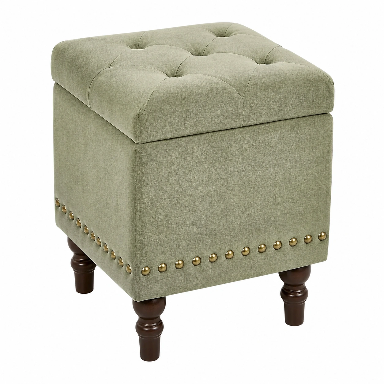 Puf tapizado con almacenaje y asiento capitoneado estilo clasico verde salvia- meubelio