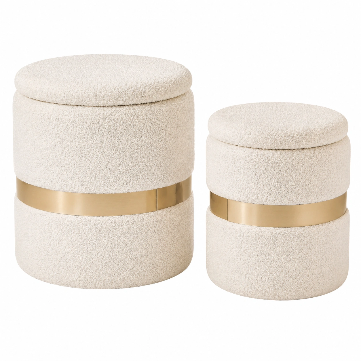 Juego de 2 Pufs Redondos con Almacenaje Boucle Crema y Base Dorada Moderna- meubelio