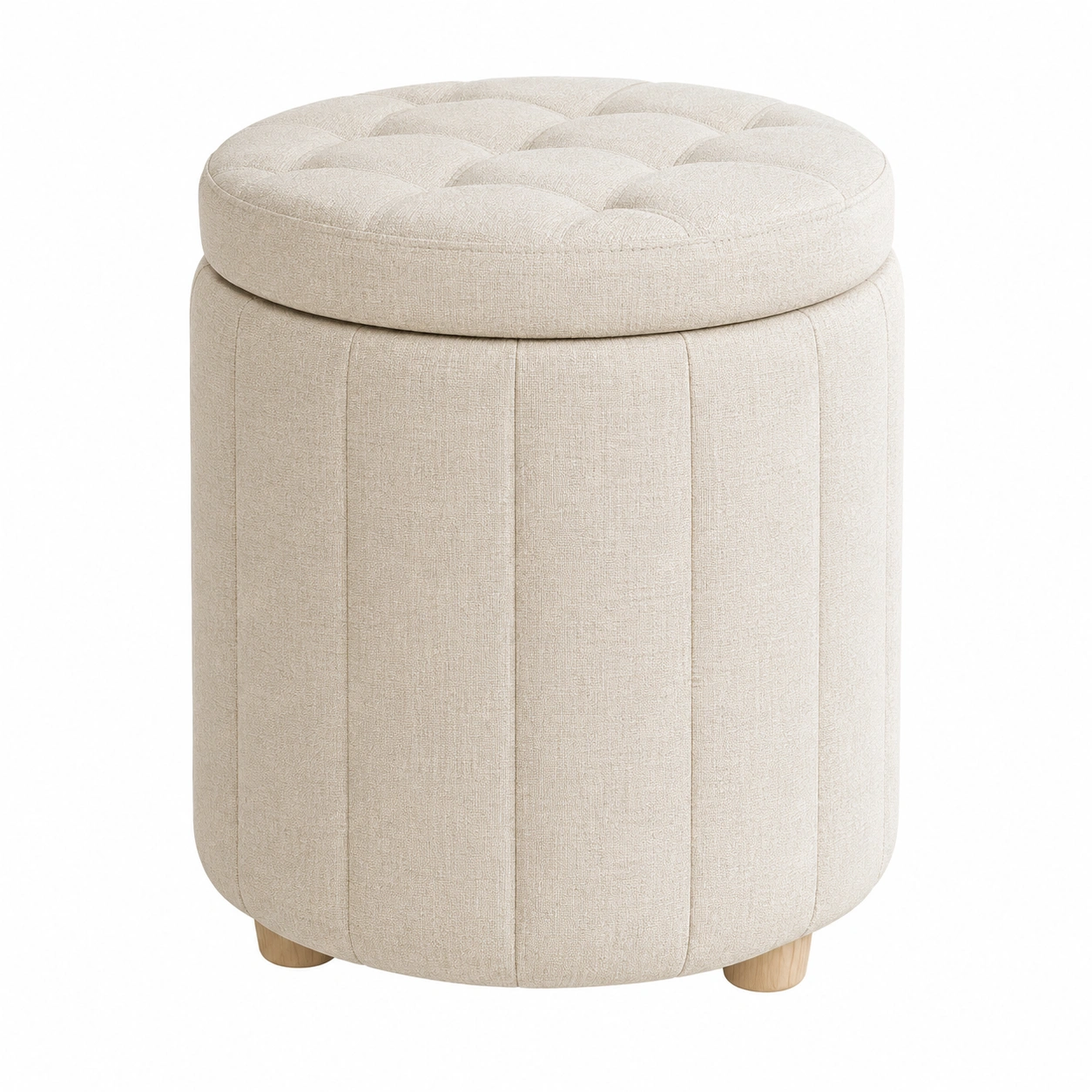 Puf redondo con almacenaje tapizado moderno para dormitorio y salon Beige claro-furneza