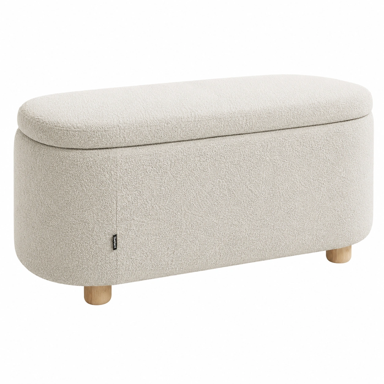 Banco Ottomano con almacenaje estilo nordico tela boucle crema y patas de madera natural-furneza