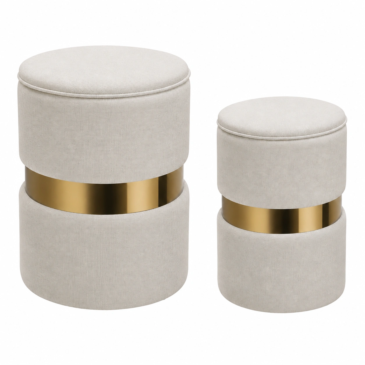 Juego de 2 taburetes redondos con almacenaje tapizados estilo moderno Beige y Oro-furneza