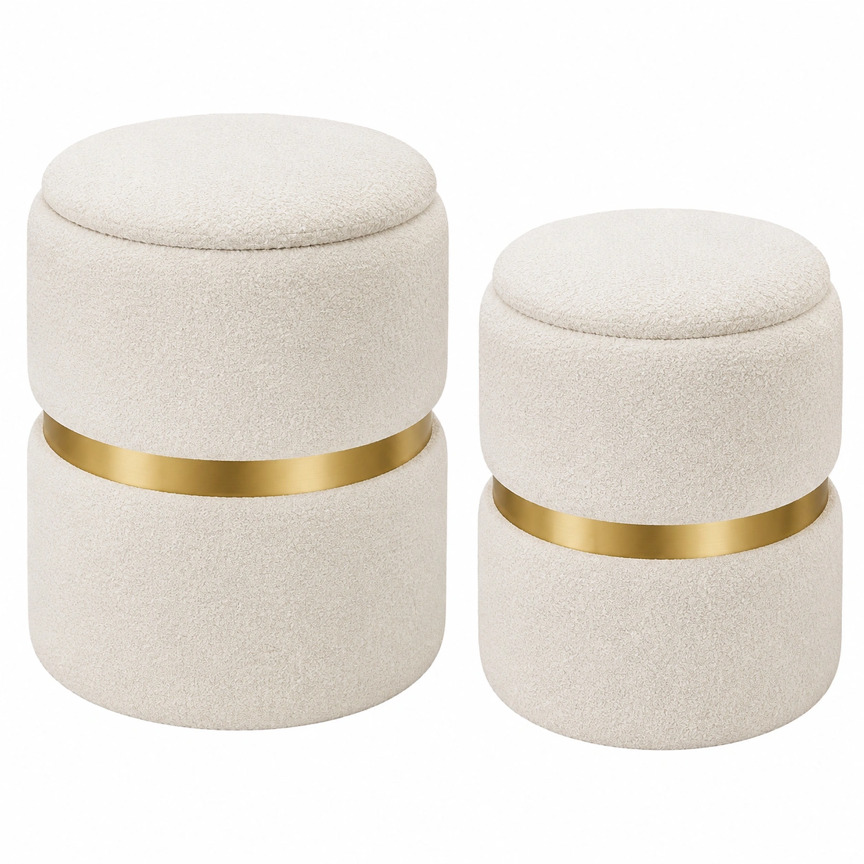 Set de 2 pufs redondos con almacenaje tapizados estilo moderno crema y dorado-furneza