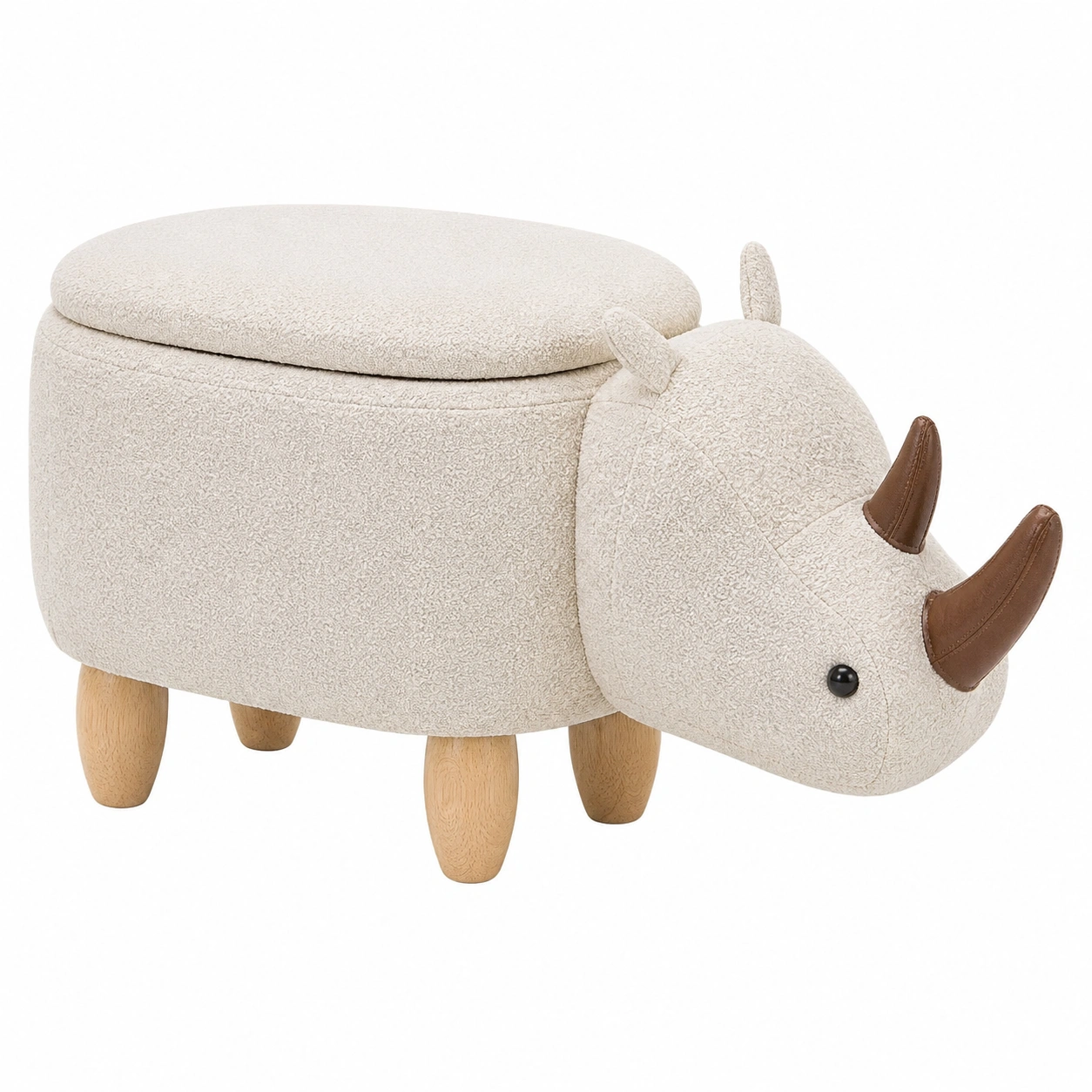 Puf Animal Con Almacenaje Rinoceronte Boucle Crema Moderno Para Salon Y Habitacion-furneza