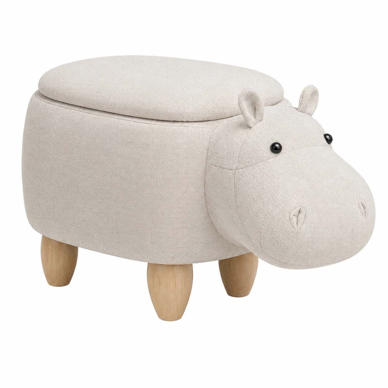 Puf animal con almacenaje HIPPO estilo nordico tapizado lino beige figura hipopotamo patas madera-furneza