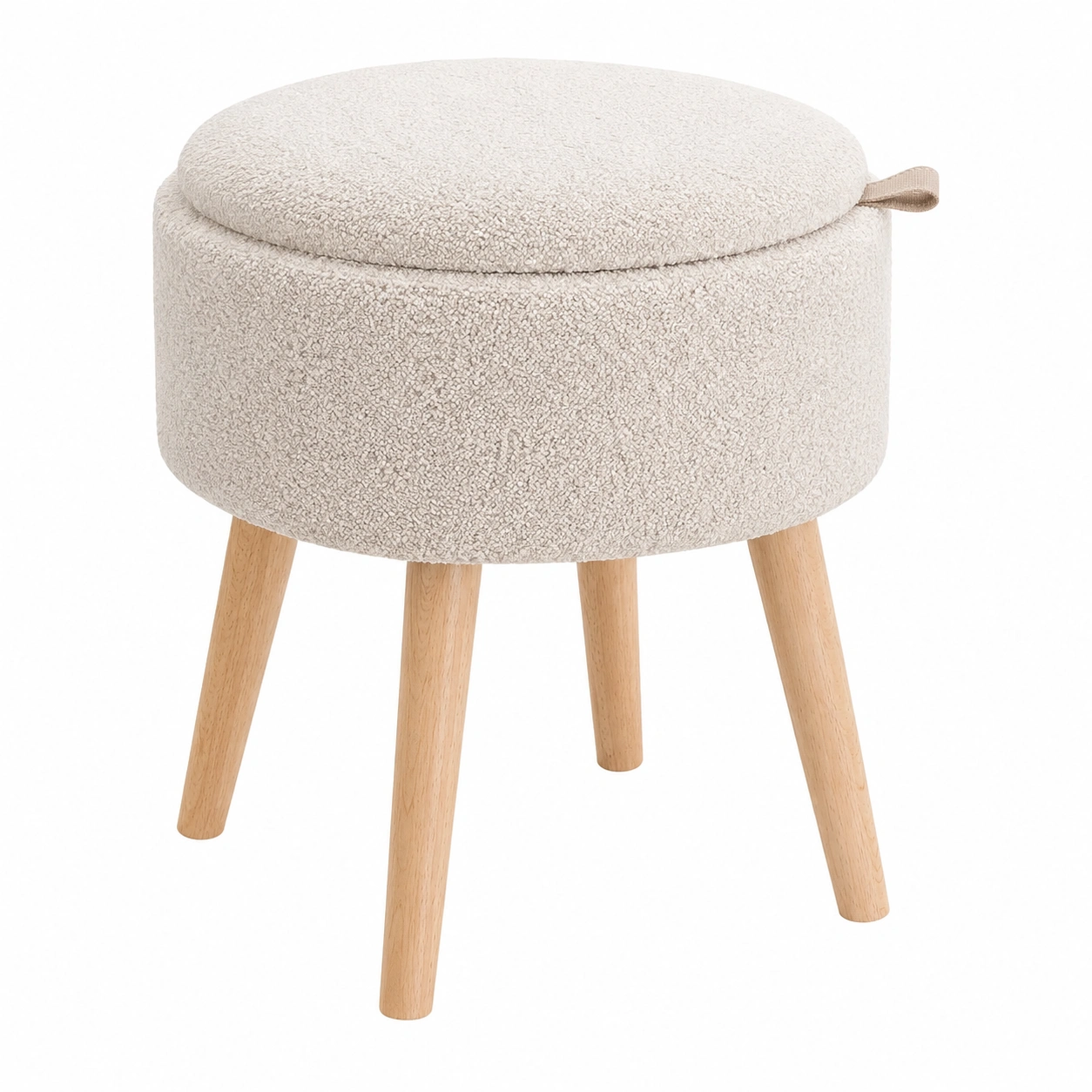 Taburete Redondo con Almacenaje Tapizado Boucle y Patas de Madera Nordica-furneza
