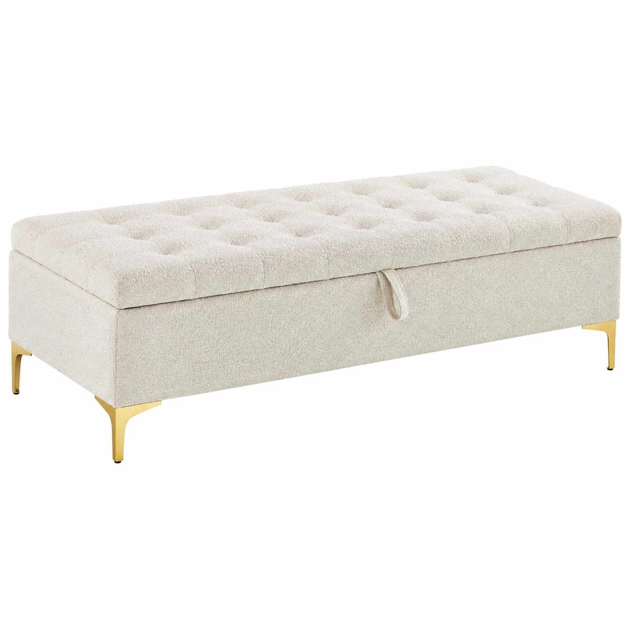 Banco Ottomano Tapizado con Almacenaje Boucle Crema y Patas Metalicas Doradas-furneza