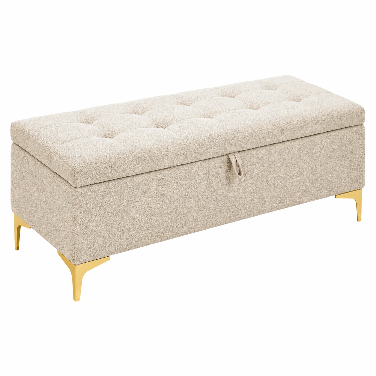 Banco Ottomano con almacenaje tapizado bouclé crema y patas metalicas doradas para dormitorio y salon-furneza