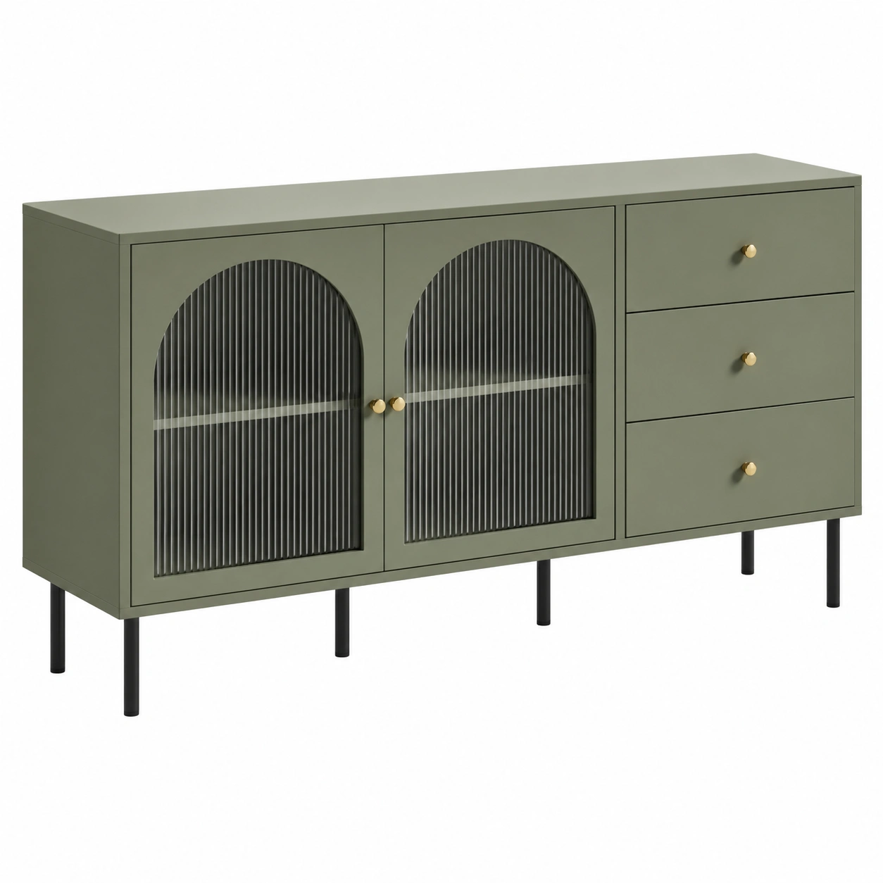 Aparador moderno con vitrina arqueada y cajones verde oliva 160 cm-furneza