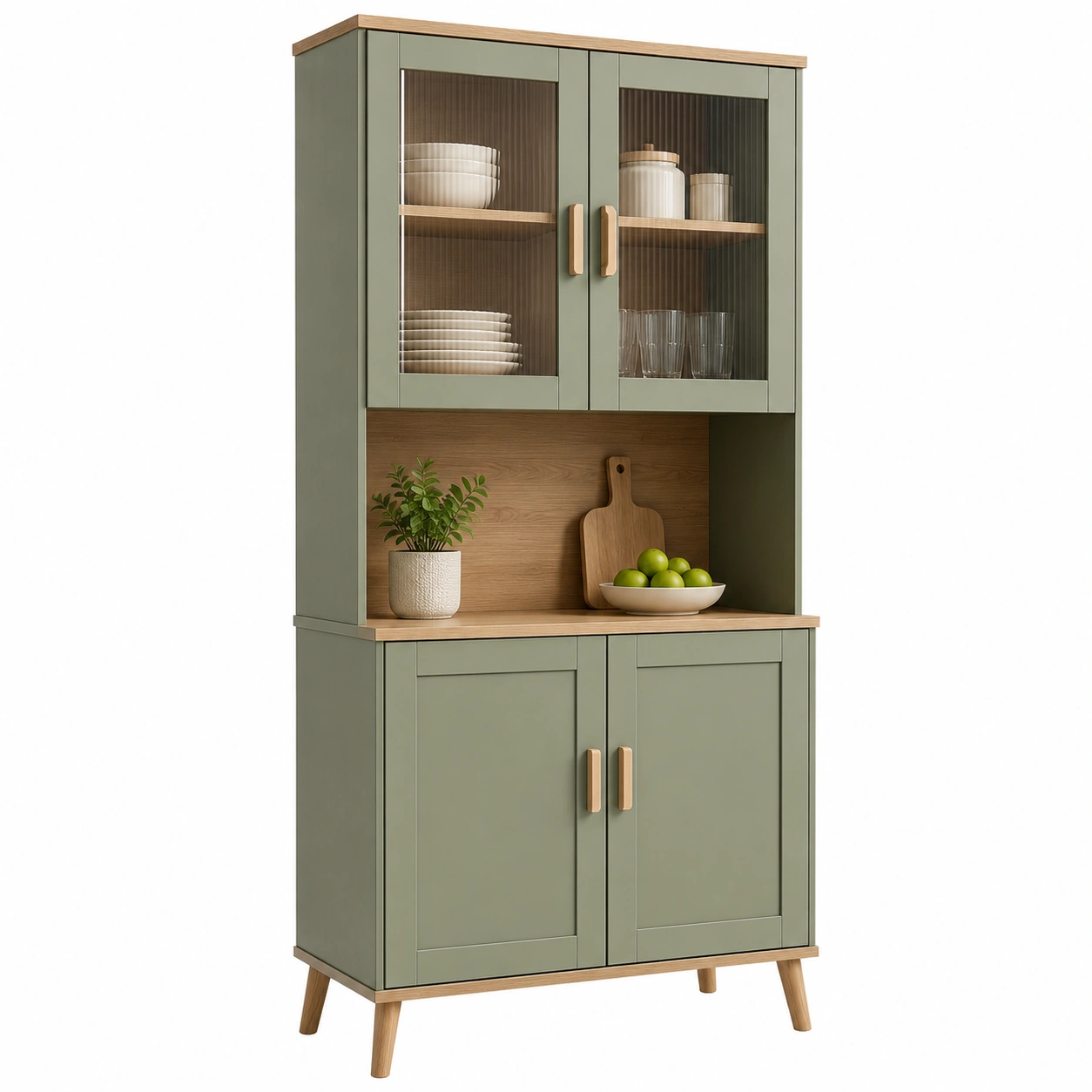 Vitrina alta de cocina con puertas de vidrio y estantes de madera 80 cm Verde salvia-furneza