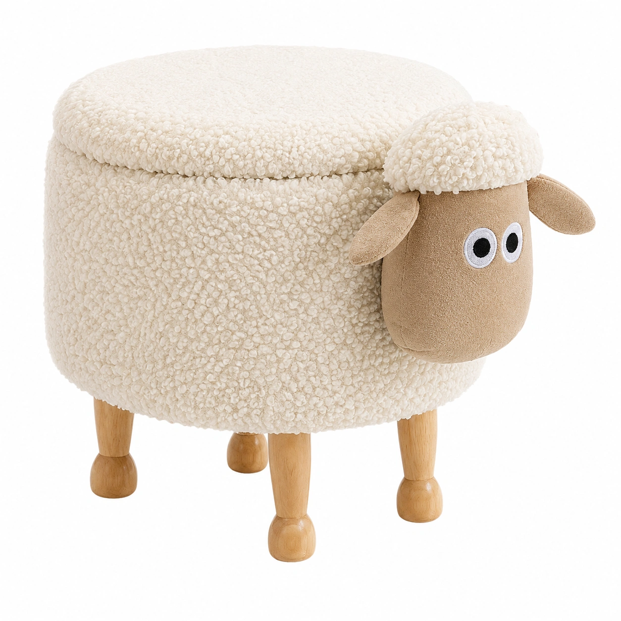 Puf animal con almacenaje forma oveja tapizado tela beige patas madera-furneza