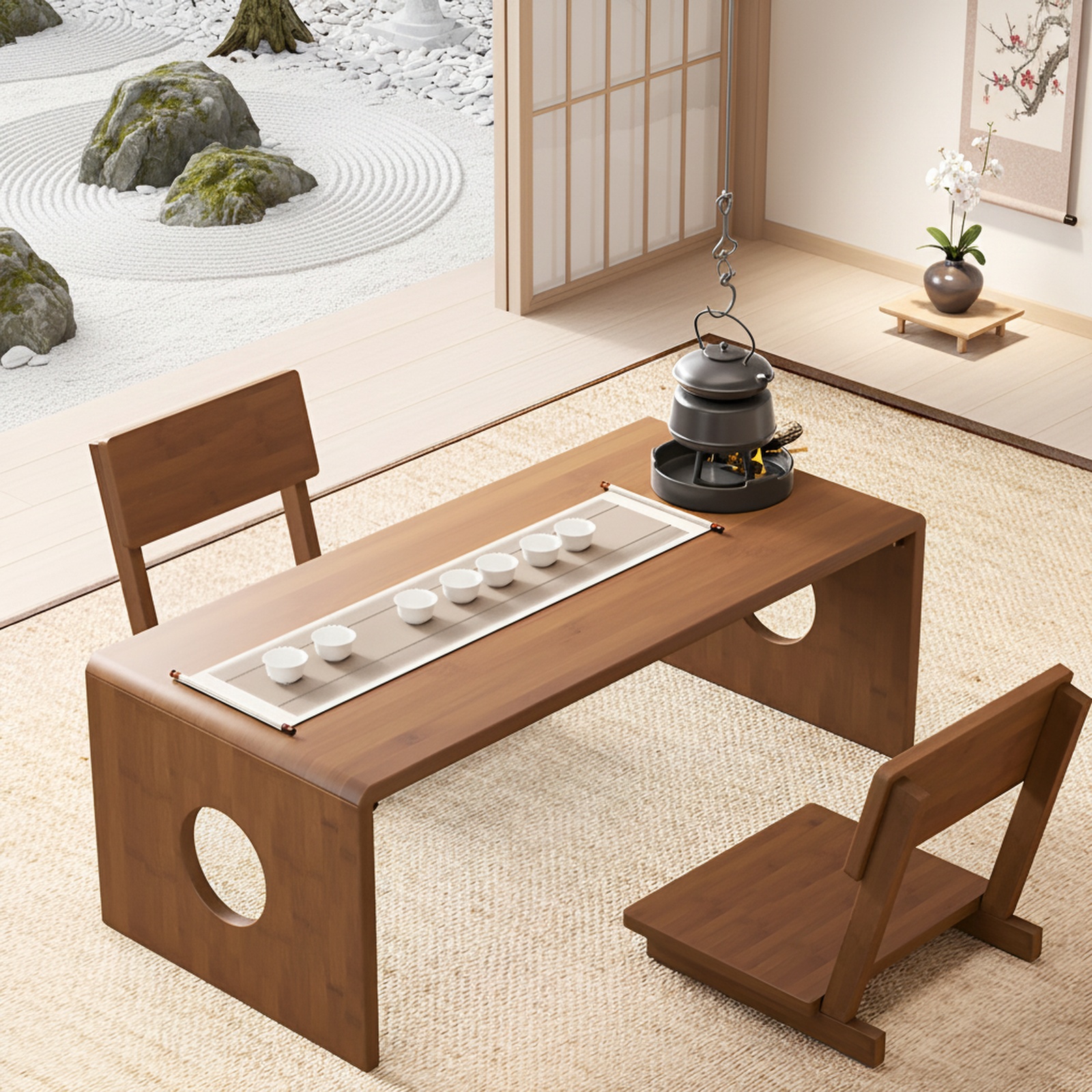 Low tatami table with foldable legs in natural wood