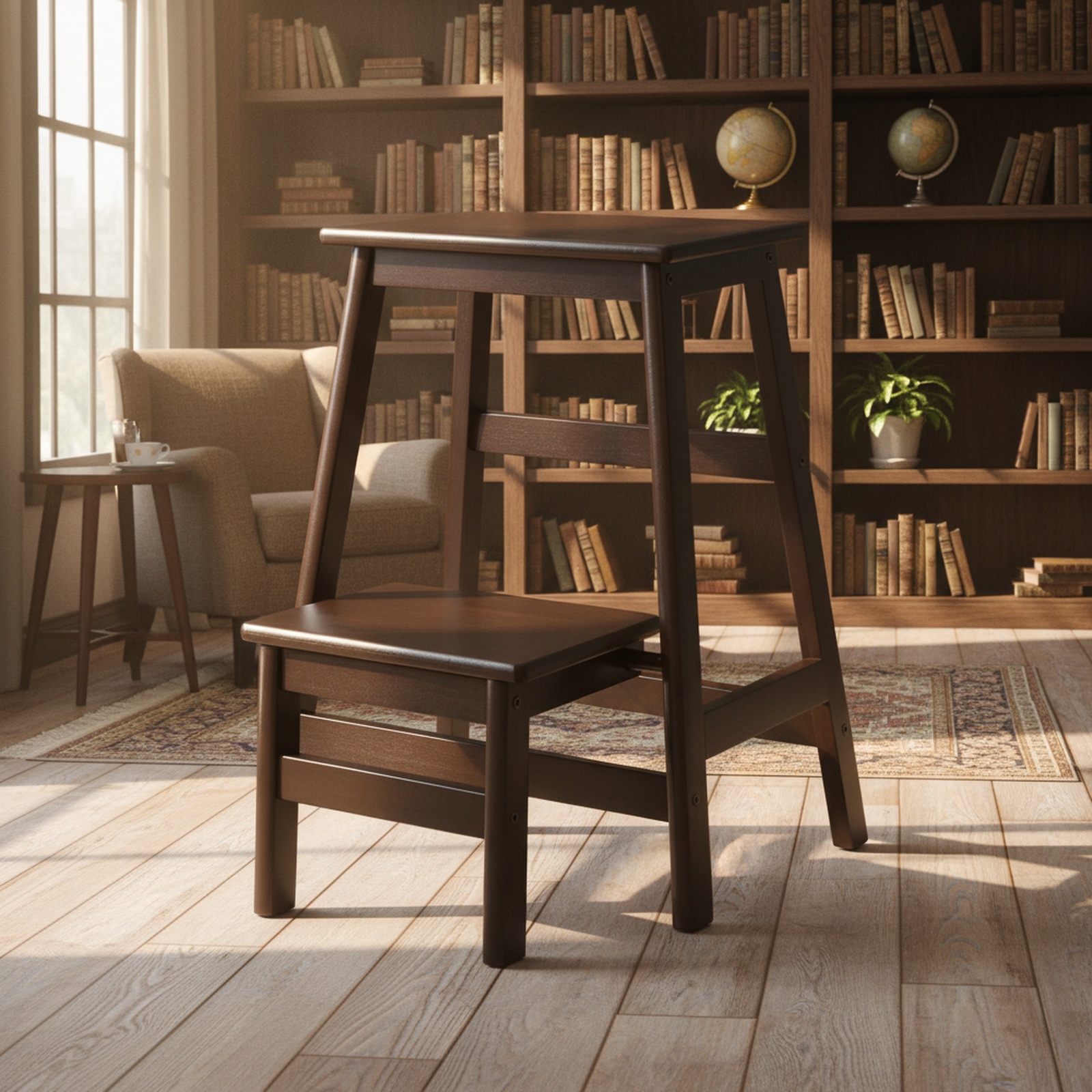 Household wooden ladder stool folded for storage