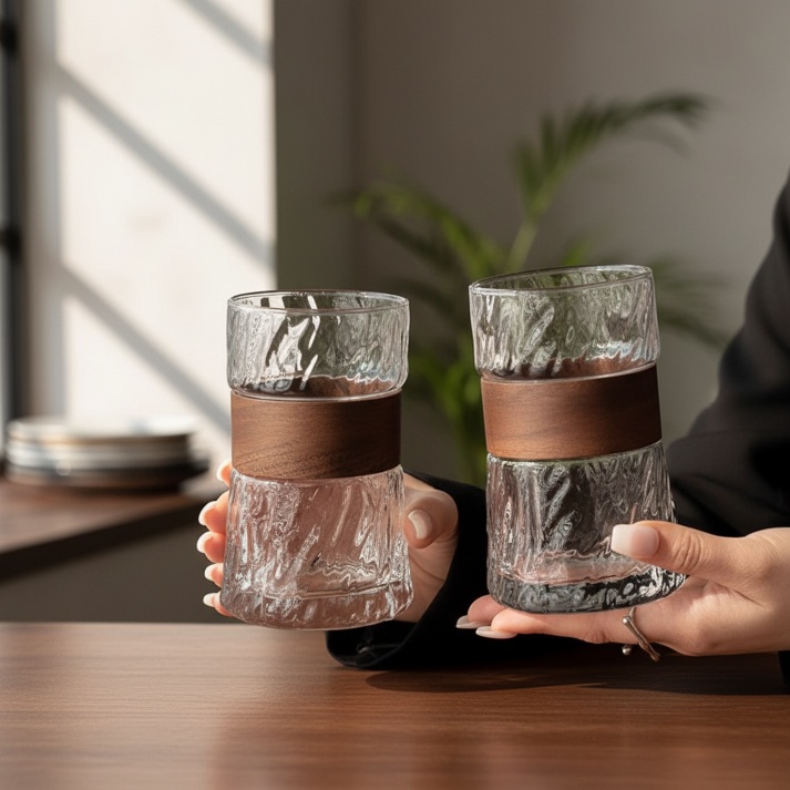 Modern transparent glass tumbler with bamboo sleeve