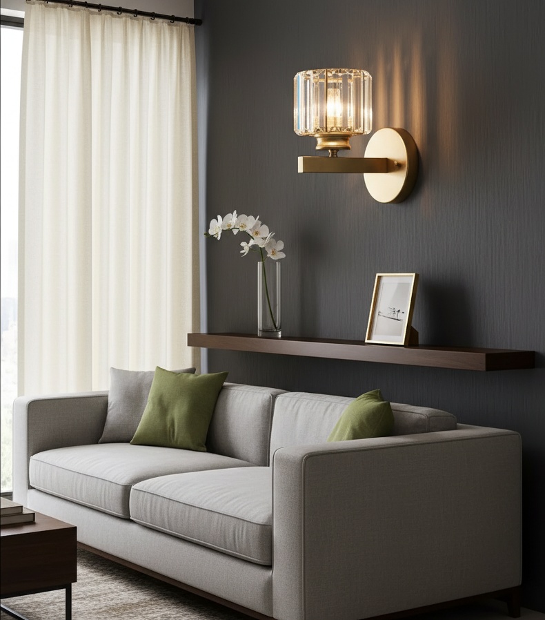 Minimalist American crystal wall lamp installed in modern living room