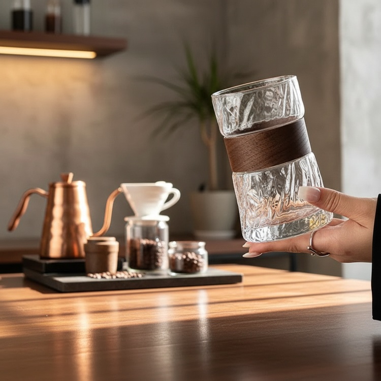 Transparent glass cup with bamboo sleeve for household use