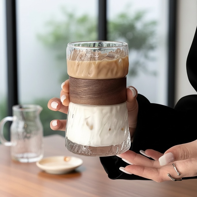 Stylish bamboo sleeve glass cup for hot and cold drinks