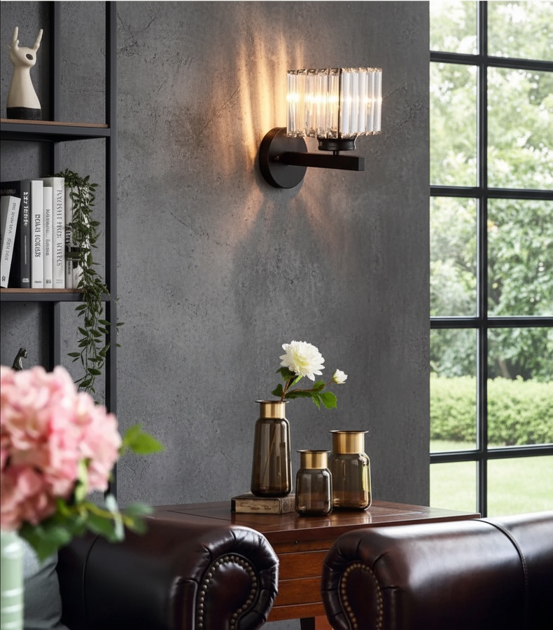 Minimalist crystal wall sconce detail shot