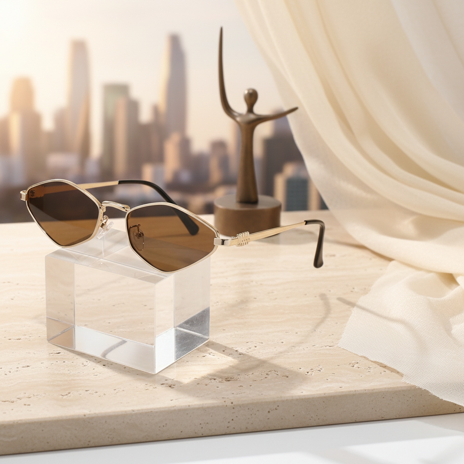 Stylish polygonal sunglasses with blue sea pattern frames