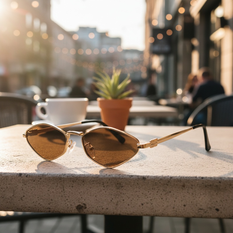 Lightweight ocean-themed sunglasses for women displayed on sand