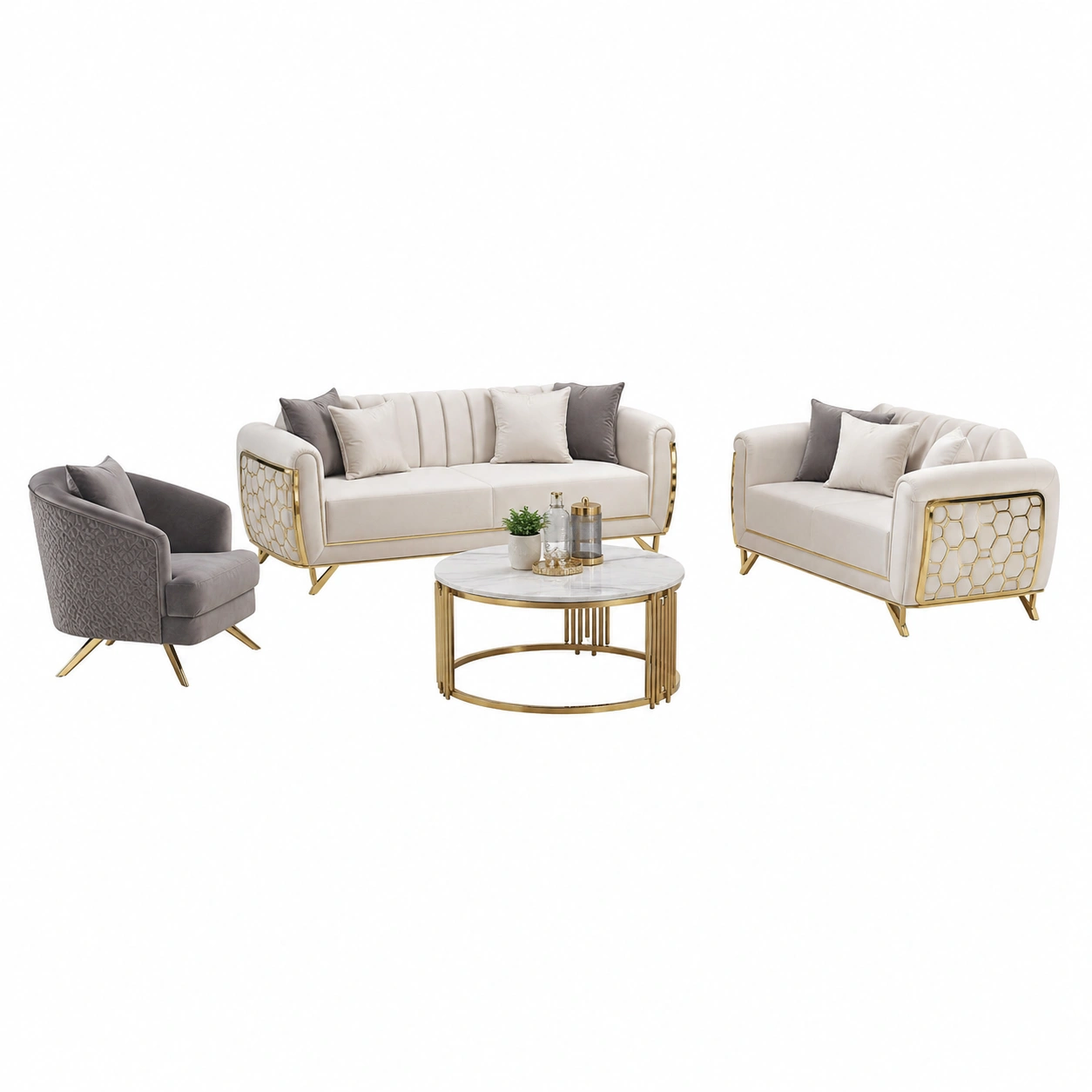 Luxus Sofa Set 3-2-1 Design Polstermoebel Beige Modern Metall Details Wohnzimmer Set-livexoia 