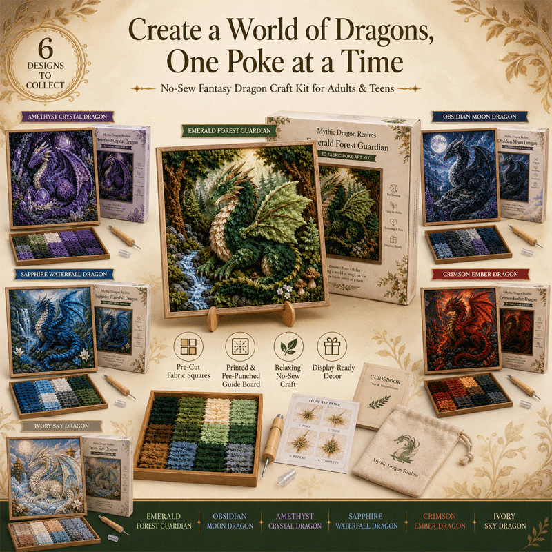🔥Buy 3 Get 1 Free🔥🐉✨ Mythic Dragon Realms 3D Fabric Poke Art Kit🔥50% Off Last Day🔥 No-Sew Fantasy Dragon Craft with Pre-Cut Fabric Squares, Poking Tool & Display Stand, Relaxing Gift for Women and Dragon Lovers