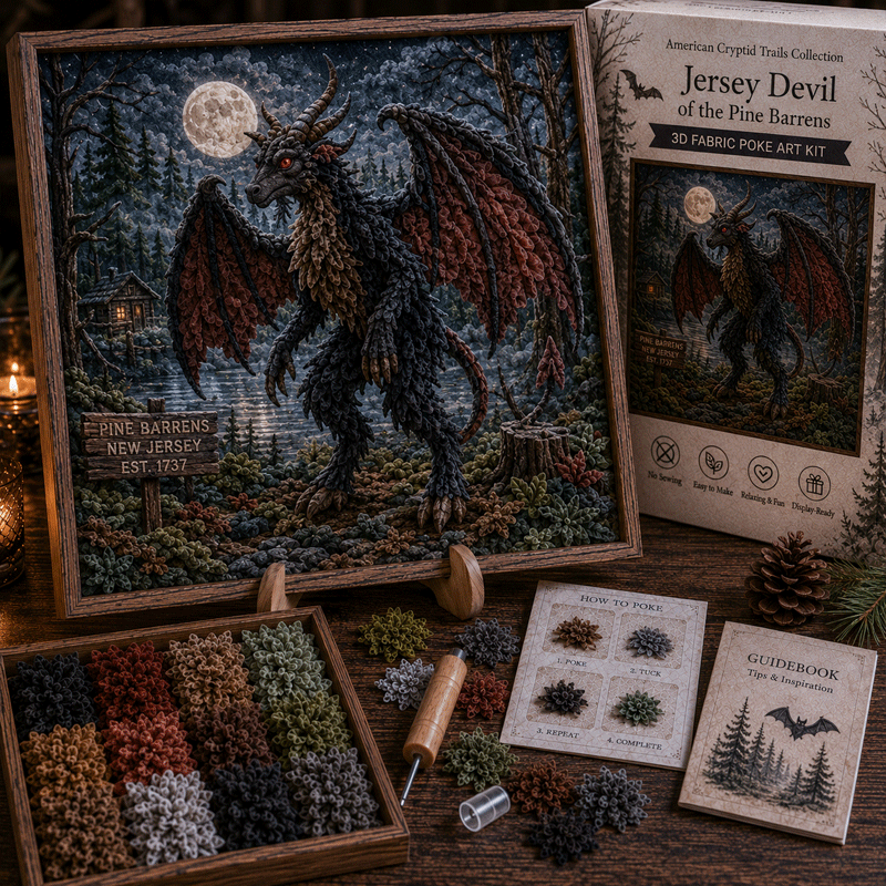 🔥Buy 3 Get 1 Free🔥🔦 American Cryptid Trails 3D Fabric Poke Art Kit🔥50% Off Last Day🔥No-Sew American Folklore Craft with Pre-Cut Fabric Squares, Poking Tool & Display Stand, Mothman Bigfoot Jackalope Cryptid Gift