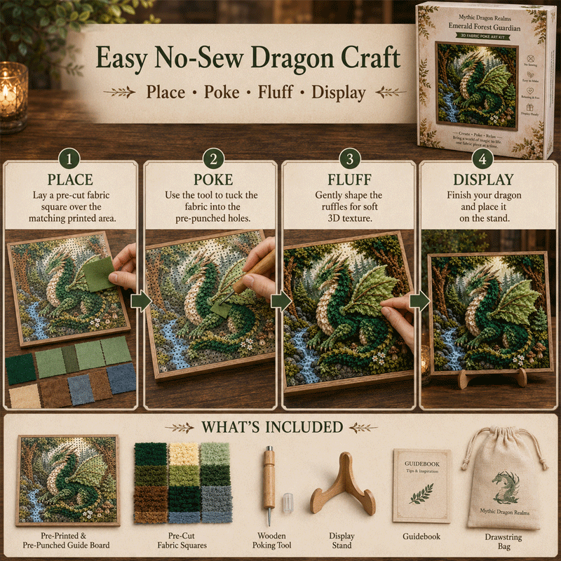 🔥Buy 3 Get 1 Free🔥🐉✨ Mythic Dragon Realms 3D Fabric Poke Art Kit🔥50% Off Last Day🔥 No-Sew Fantasy Dragon Craft with Pre-Cut Fabric Squares, Poking Tool & Display Stand, Relaxing Gift for Women and Dragon Lovers