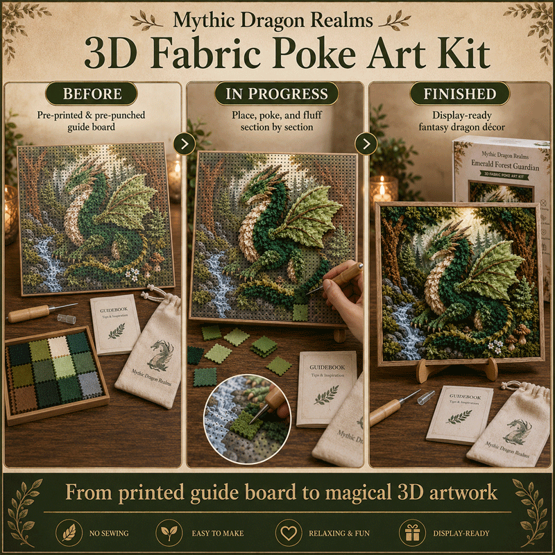 🔥Buy 3 Get 1 Free🔥🐉✨ Mythic Dragon Realms 3D Fabric Poke Art Kit🔥50% Off Last Day🔥 No-Sew Fantasy Dragon Craft with Pre-Cut Fabric Squares, Poking Tool & Display Stand, Relaxing Gift for Women and Dragon Lovers