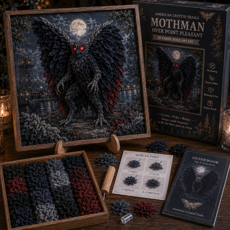 🔥Buy 3 Get 1 Free🔥🔦 American Cryptid Trails 3D Fabric Poke Art Kit🔥50% Off Last Day🔥No-Sew American Folklore Craft with Pre-Cut Fabric Squares, Poking Tool & Display Stand, Mothman Bigfoot Jackalope Cryptid Gift