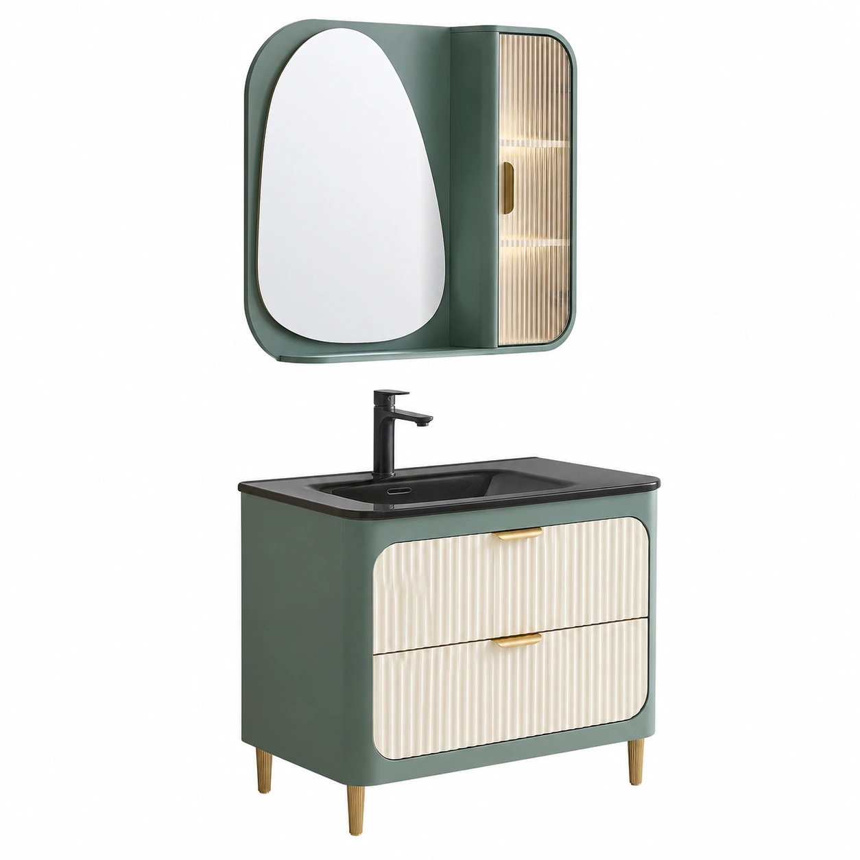 Conjunto de mueble de bano moderno gris verde con lavabo negro espejo asimetrico y armario lateral- warmiro